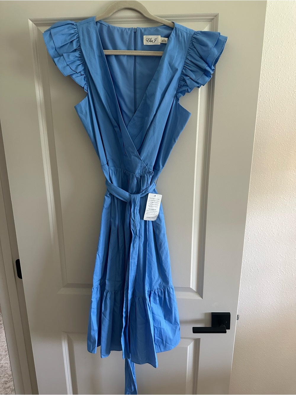 Eliza J Blue Midi Wrap Dress with Ruffled Sleeves